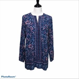 J.Jill long sleeve round V split neck blue paisley print tunic blouse